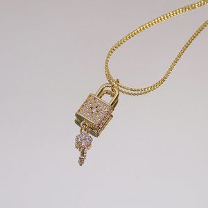 NEW 14K Gold Plated Diamond Lock Key Necklace
